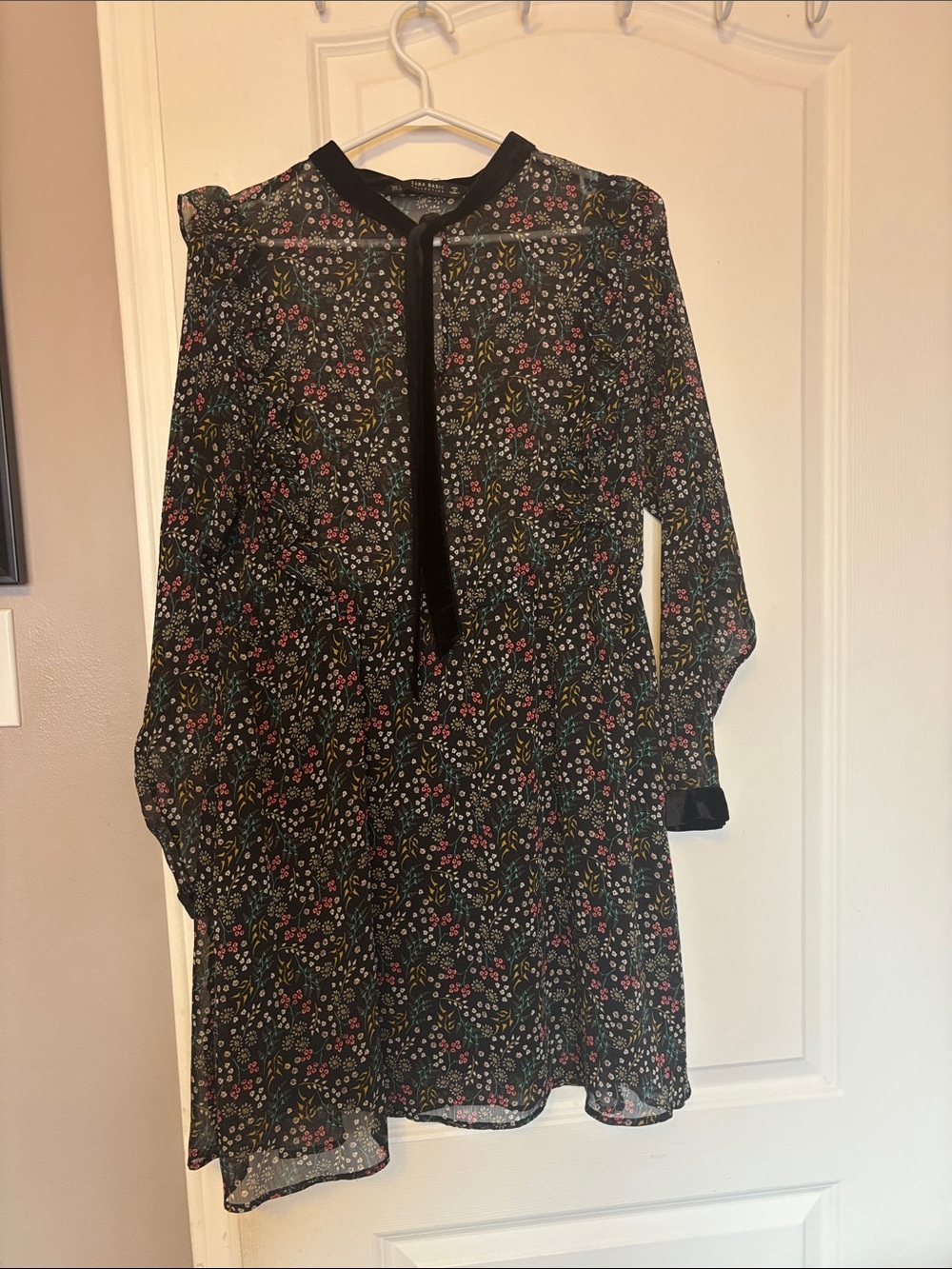Zara Black Floral Long-Sleeve Tie-Neck Dress with Multicolor Blossoms
